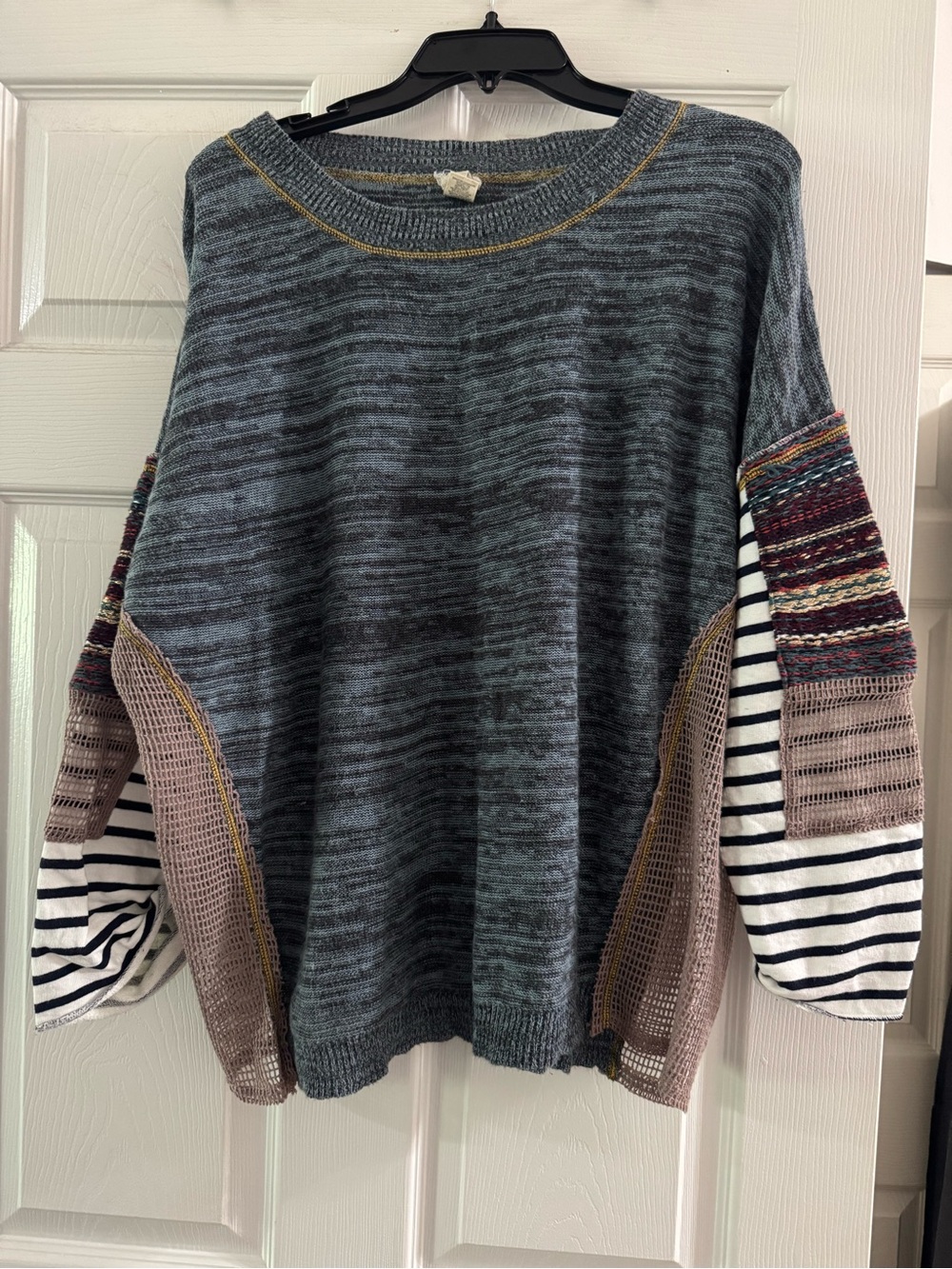 gimmicks by BKE Gray Marled Crewneck with Multicolor Patchwork Sleeves